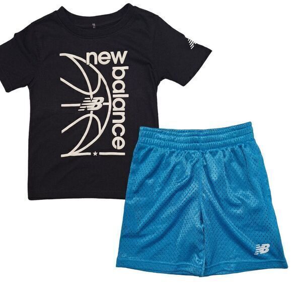 New Balance Kids' Logo Graphic T4-Black/Blue‎  2-Piece Outfit (1Top & 1 Shorts) - Picture 1 of 16
